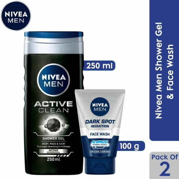 Nivea Men Active clean Shower Gel 250ml & Nivea Men Face Wash, Dark
