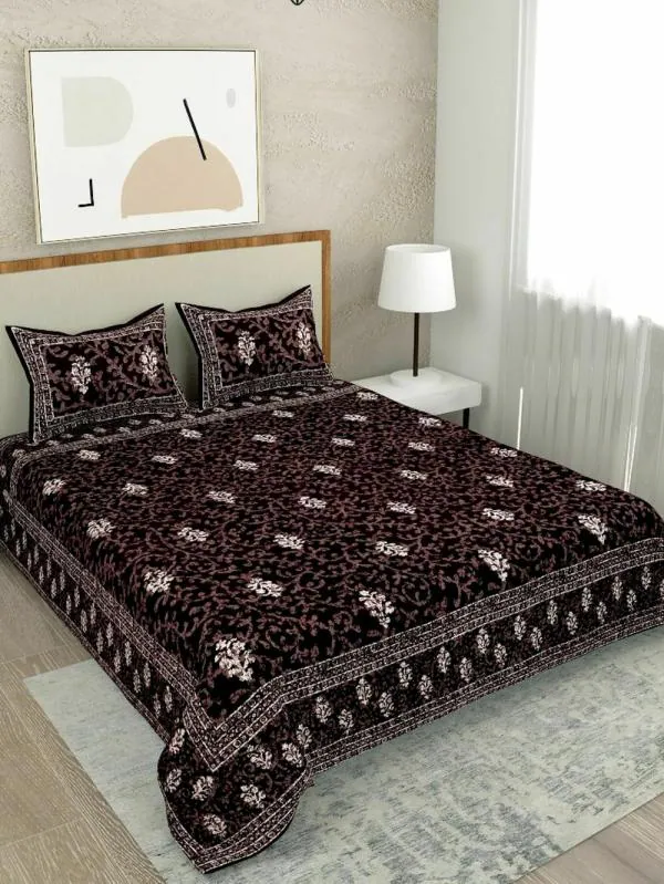 Salona Bichona 100 Cotton Brown Floral Printed Double Bedsheet Set