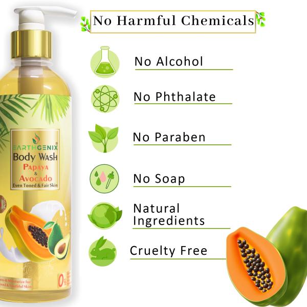Earthgenix Body Wash Papaya & Avocado (300ml), (Loofah Free), For Even