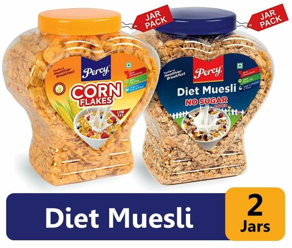 Percy Diet Muesli & Classic Cornflakes, [0 Cholesterol, High Iron & Fibre Cereal] 2 Jar, 1140 g
