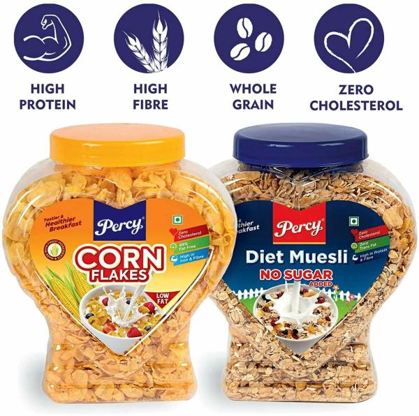 Percy Diet Muesli & Classic Cornflakes, [0 Cholesterol, High Iron & Fibre Cereal] 2 Jar, 1140 g