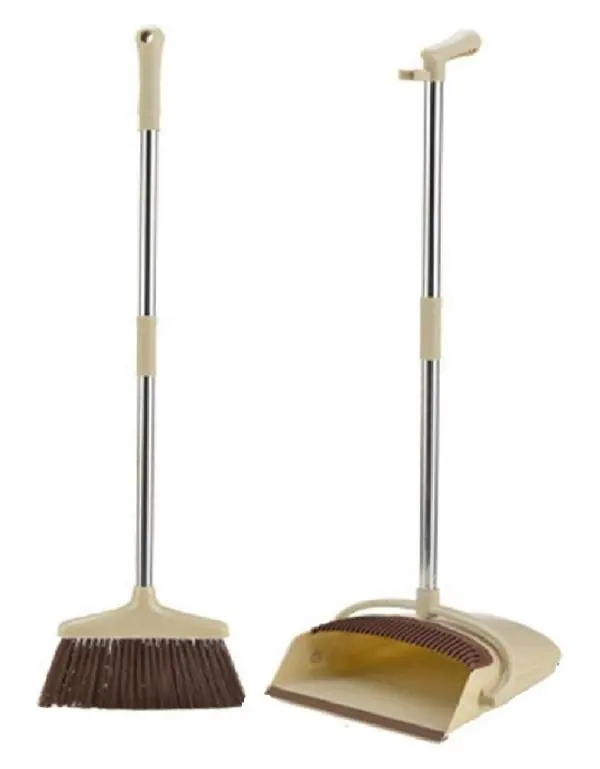 Beige Long Handle Dustpan Rotatable Broom and Dustpan Foldable Set 