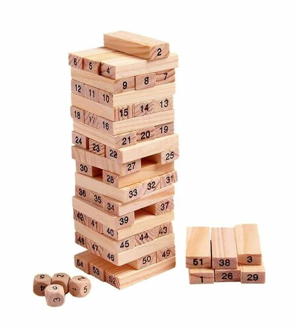 54 Pieces Numbered Wooden Block Stacking Game with 4 Dices, Challenging
