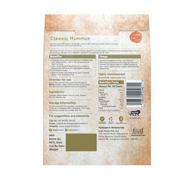 Organic Roots Classic Hummus Traditional Flavors Pantry 50g Just