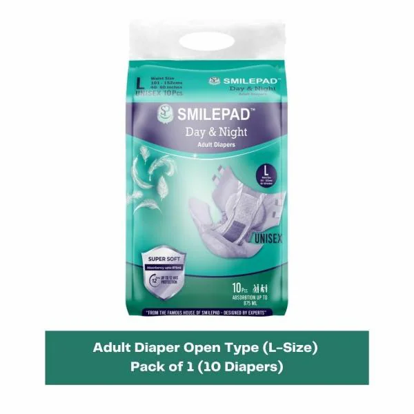 Smilepad Adult Diaper, Open Type, Unisex, Size (L), 800ml Absorption, Pack of 1 (10 Diapers