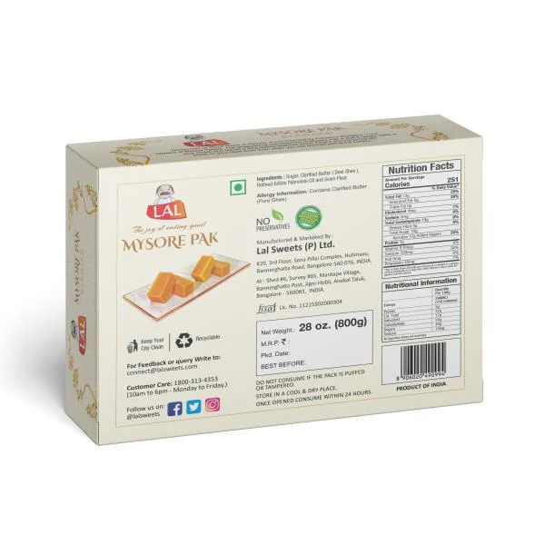 Lal Mysore Pak Premium 800g (Pack Of 1) Made With Pure Desi Ghee