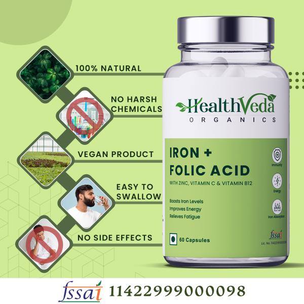 Health Veda Organics Iron + Folic Acid Supplement with Zinc, Vitamin C