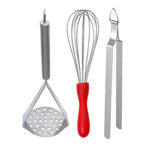 DreamBasket Stainless Steel Egg Whisk & Roti Chimta & Potato Masher for