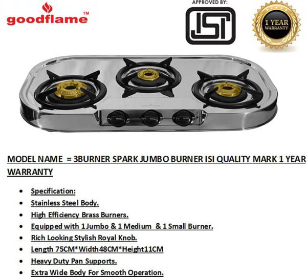 GOOD FLAME 3 Burners Spark Jumbo Silver Stainless Steel Gas Stove JioMart