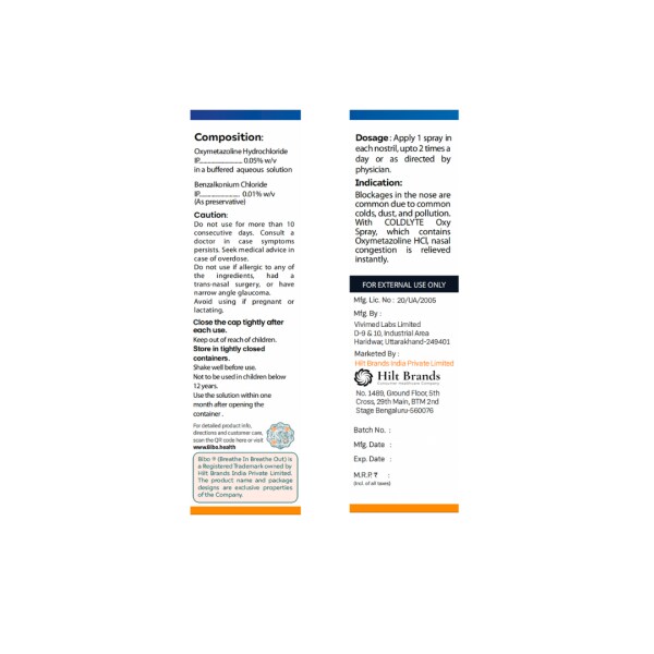 Bibo Coldlyte Oxy Spray Blocked Nose Relief in 25 Seconds Adult