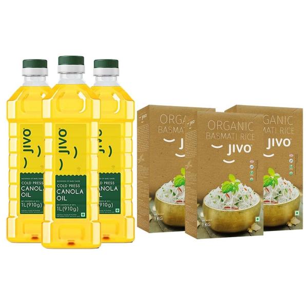 Jivo Cold Pressed Canola Oil 1L (Pack of 3) + Jivo Organic Basmati Rice 1 KG (pack of 3) JioMart