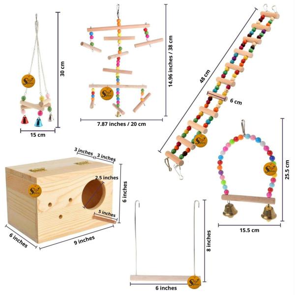 Sage Square Wooden Bird Toys Combo Ladder Breeding Box Swing Hanging