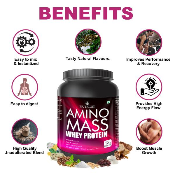 Nutriley Amino Mass Whey Protein Powder for Weight & Mass Gain (Mango