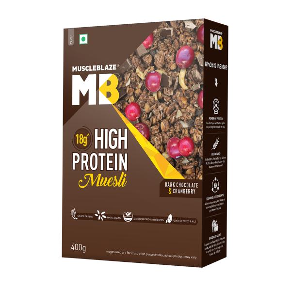 MuscleBlaze High Protein Muesli, Dark Chocolate & Cranberry, 400 g