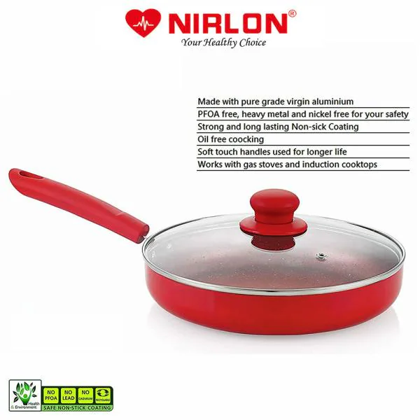 Nirlon Red Velvet Aluminium Non-Stick Induction Fry Pan with Glass 