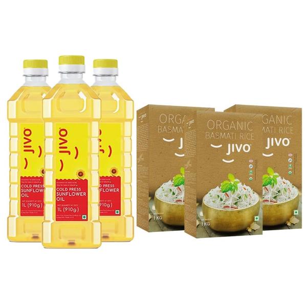 Jivo Cold Pressed Sunflower Oil 1L (Pack of 3) + Jivo Organic Basmati