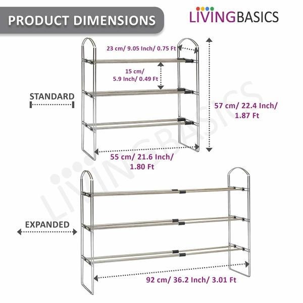 LivingBasics 3 Layer Stainless Steel Expandable & Stackable Shoe Rack