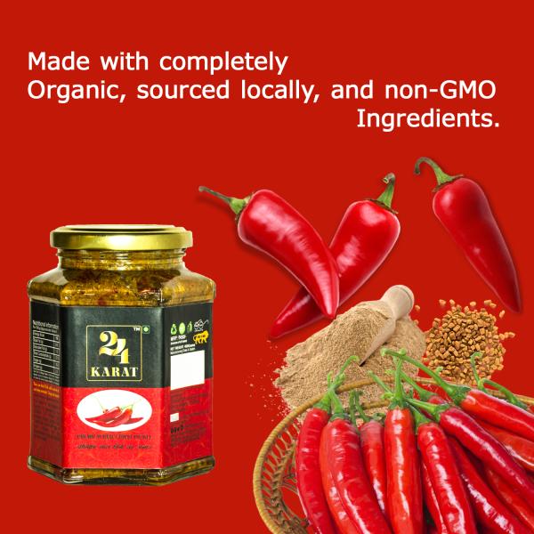 24 KARAT Premium Organic Homemade Red Chilli Pickle Less Oil 400gm Traditional North Indian