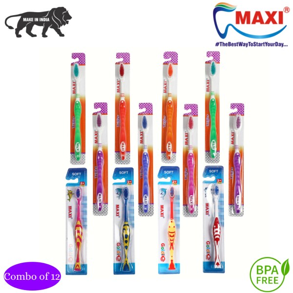 MAXI Oral Care Combo of 12(8 Adults) Tiger Toothbrush & (4 Kids) Goldie Junior Toothbrush JioMart