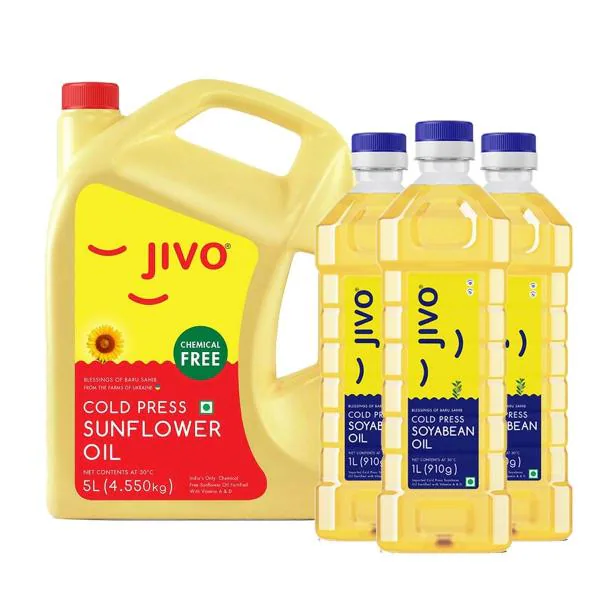 JIVO Cold Press Sunflower Oil 5 Ltr + 3L Cold Press Soyabean Oil JioMart