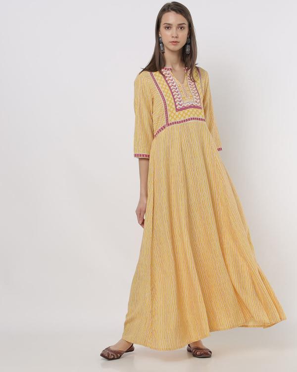 Striped Gown with Embroidered Yoke JioMart