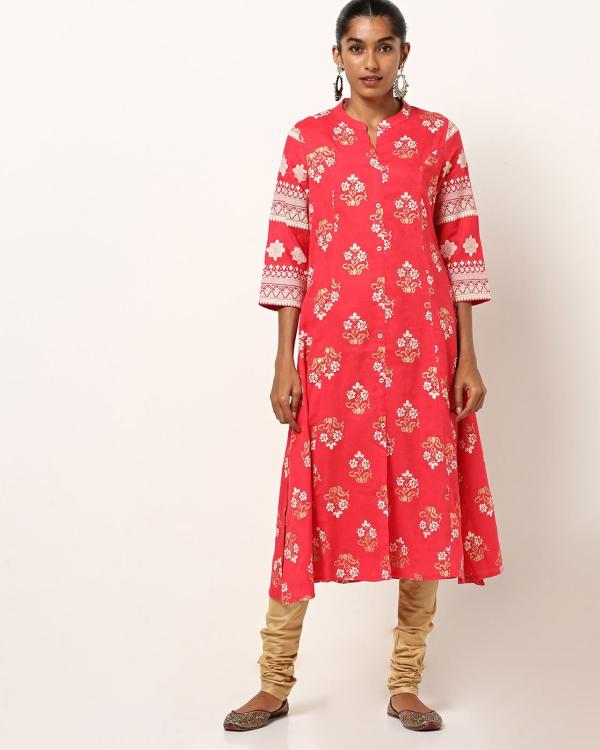 Floral Print Straight Kurta with Mandarin Collar JioMart