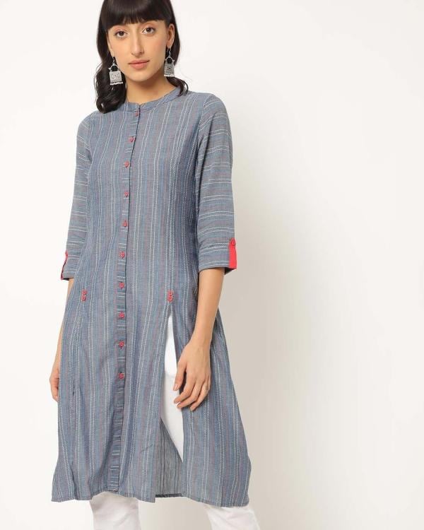 Straight Band Collar Kurta with Front Slits JioMart