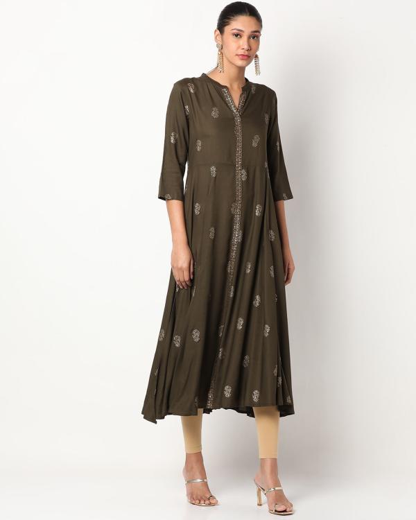 Floral Print Flared Kurta with Mandarin Collar JioMart