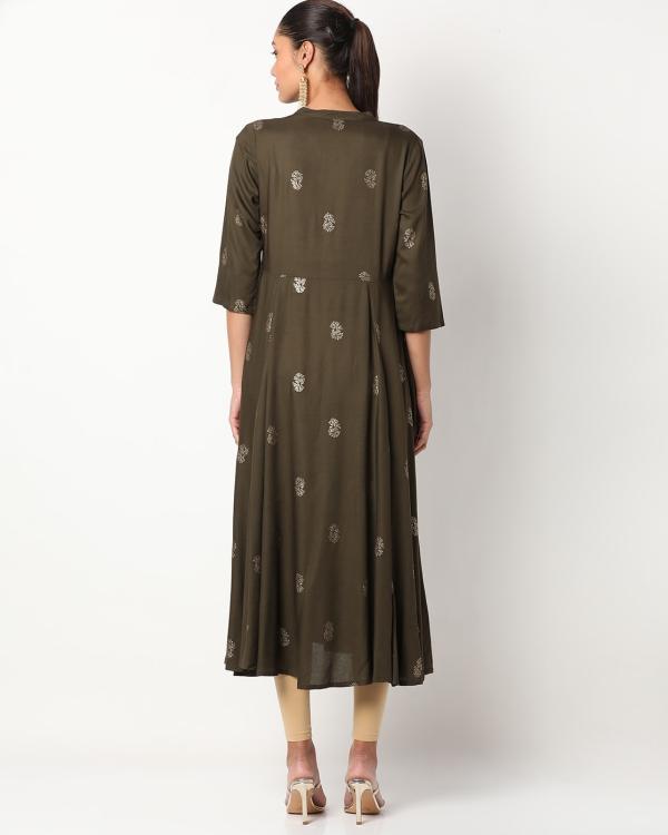 Floral Print Flared Kurta with Mandarin Collar JioMart