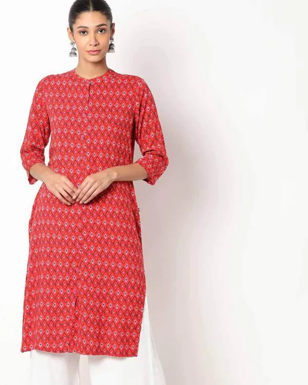 Ikat Print Straight Kurta with Band Collar JioMart