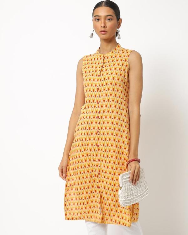 Ikat Print Straight Kurta with Mandarin Collar JioMart