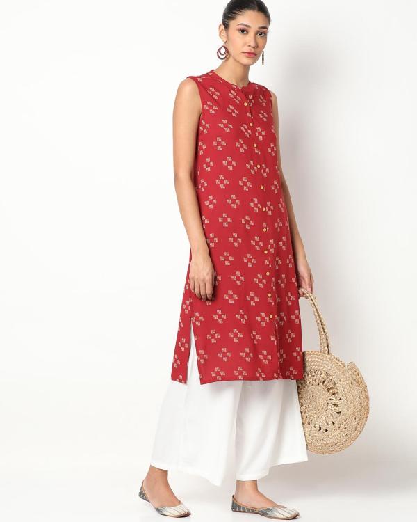 Printed Straight Kurta with Mandarin Collar JioMart