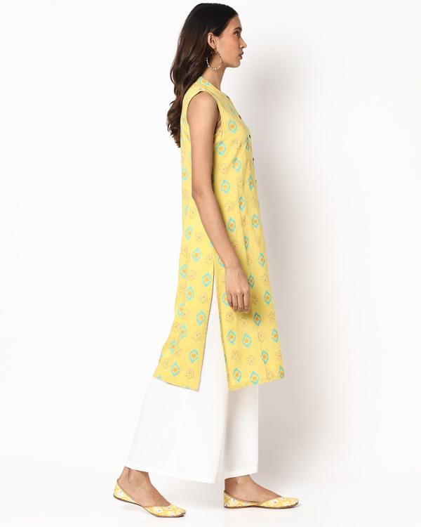 Ikat Print Straight Kurta with Mandarin Collar JioMart