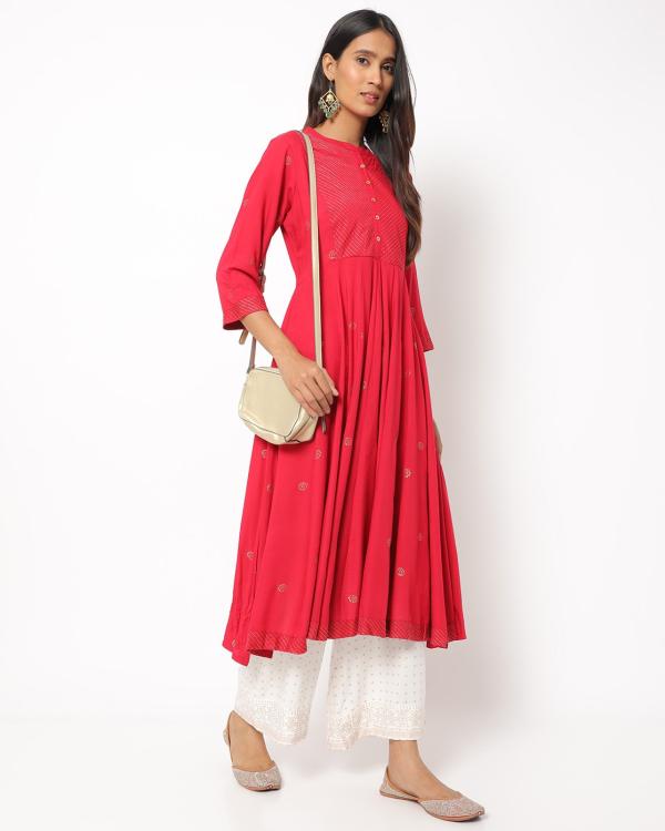 Floral Print Anarkali Kurta with Mandarin Collar JioMart