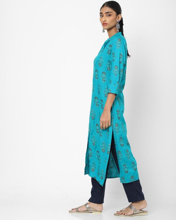 Floral Print Straight Kurta with Notched Collar JioMart