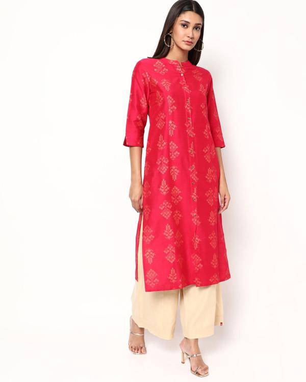 Floral Print Straight Kurta with Mandarin Collar JioMart
