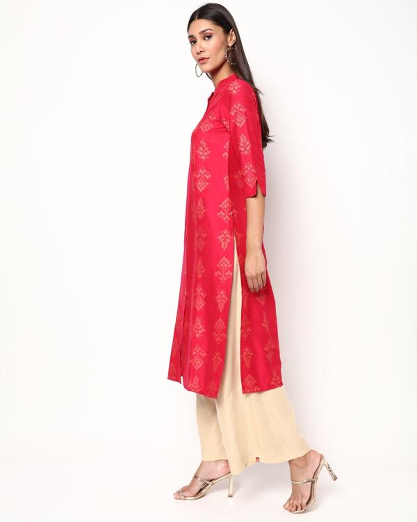 Floral Print Straight Kurta with Mandarin Collar JioMart