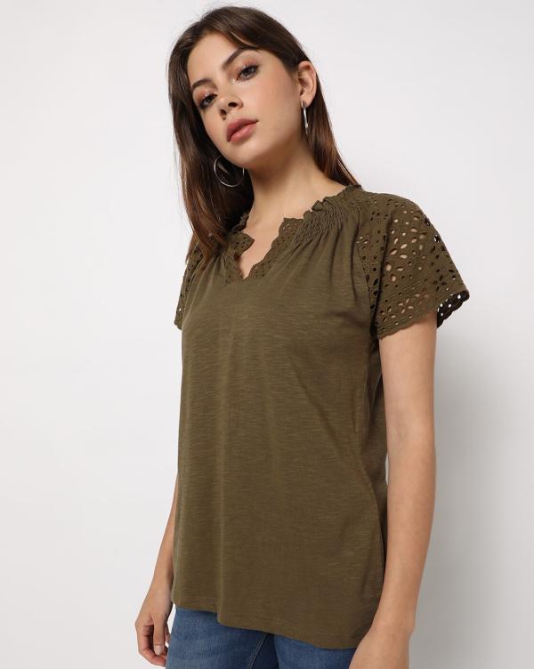 Knit Top with Schiffli Embroidered Sleeves JioMart