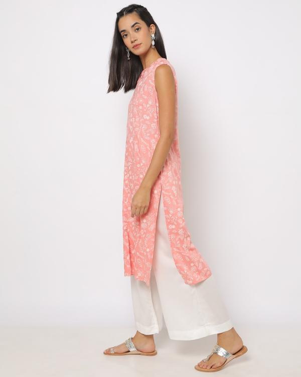 Floral Print Straight Kurta with Mandarin Collar JioMart