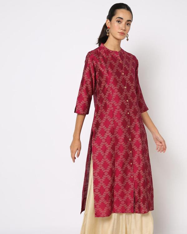 Floral Print Straight Kurta with Band Collar JioMart