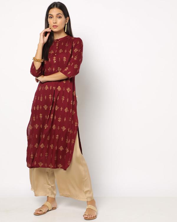 Printed Straight Kurta with Band Collar JioMart