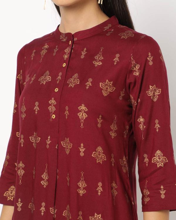 Printed Straight Kurta with Band Collar JioMart