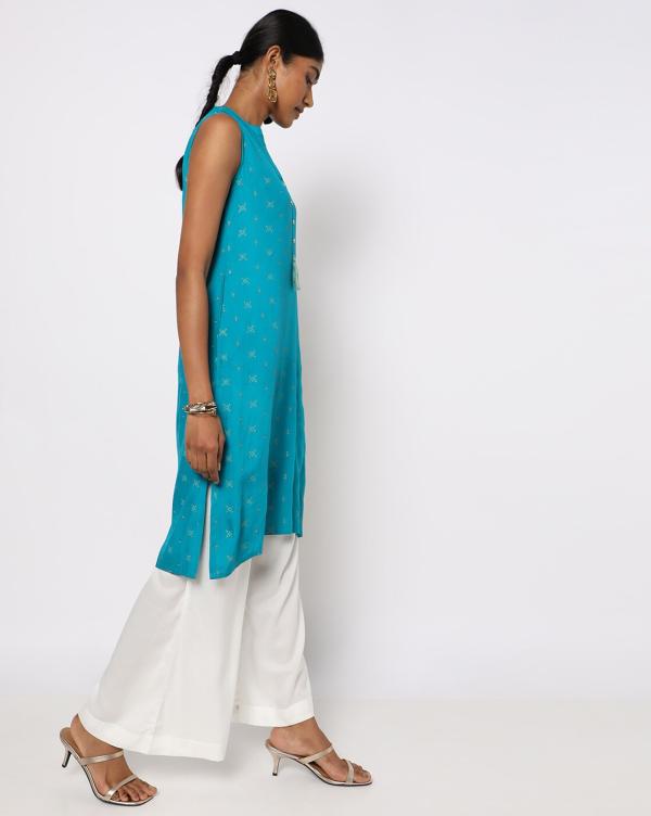 Printed Straight Kurta with Mandarin Collar JioMart