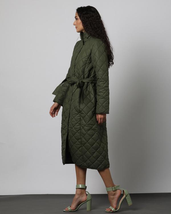Women Quilted Trench Coat with Belt TieUp JioMart