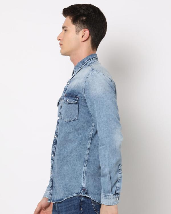 Washed Denim Shirt with Flap Pockets JioMart