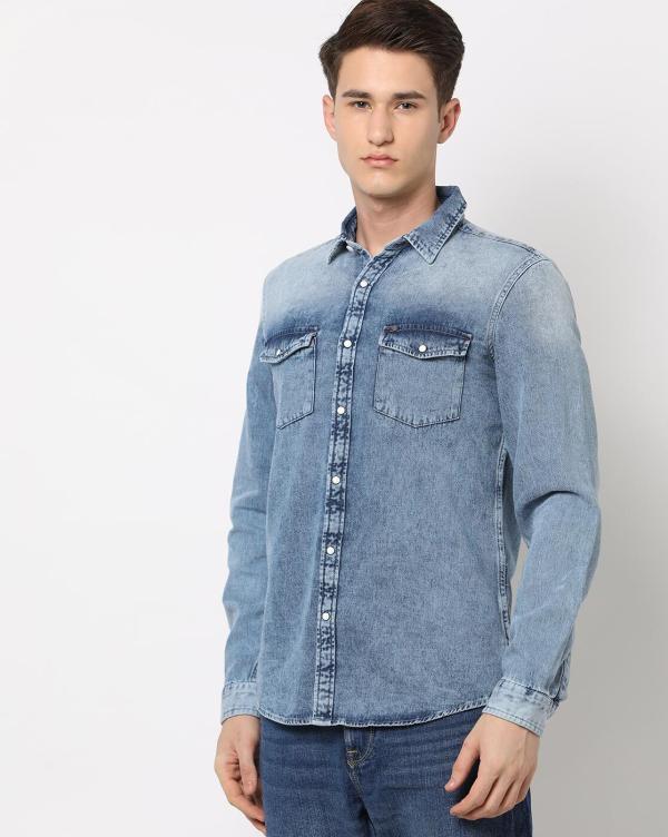 Washed Denim Shirt with Flap Pockets JioMart
