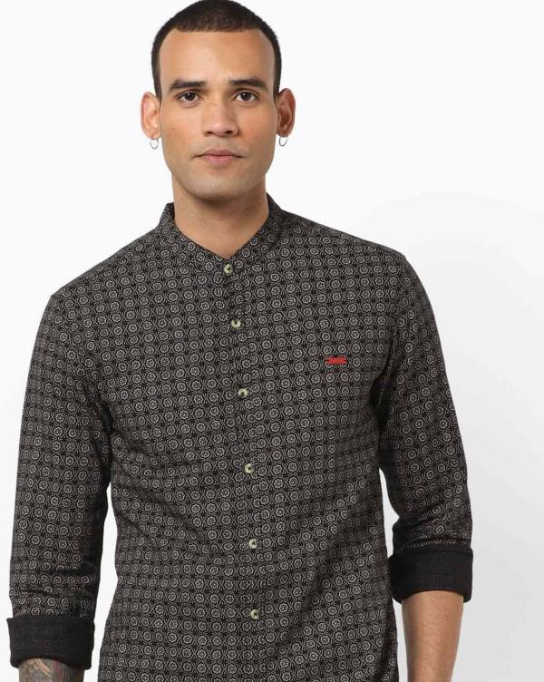 Printed Slim Fit Shirt with Mandarin Collar JioMart