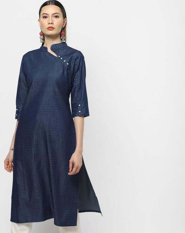 Printed Straight Kurta with Band Collar JioMart