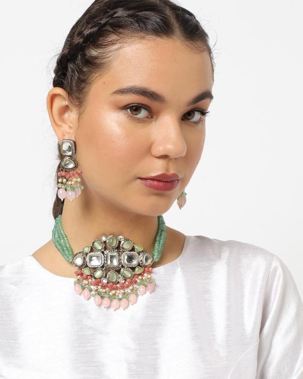 KundanStudded Meenakari Necklace & Earrings Set JioMart