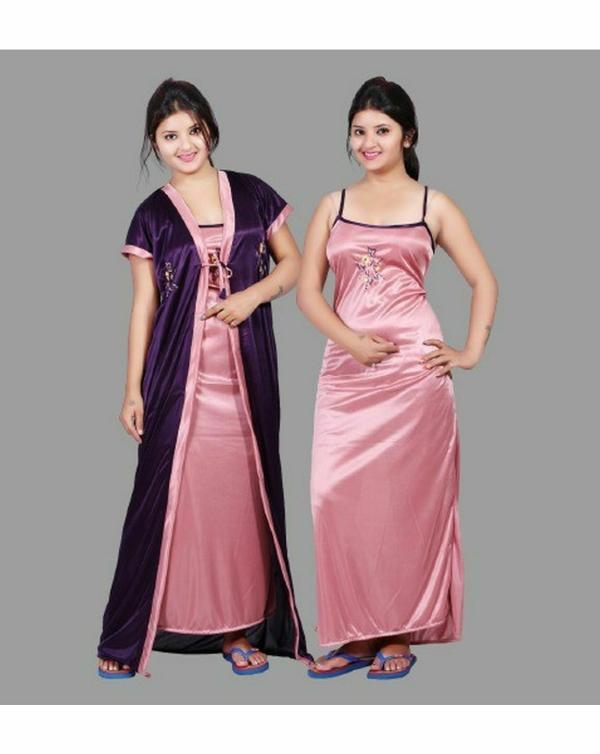 BAILEY SELLS WomenPurple and Pink Solid Satin Blend Nighty with Robe